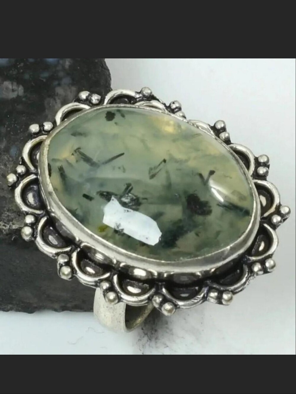 New High Grade Prehnite Statement Ring .925 Sterling Silver Solid US 7.5 FLASHY